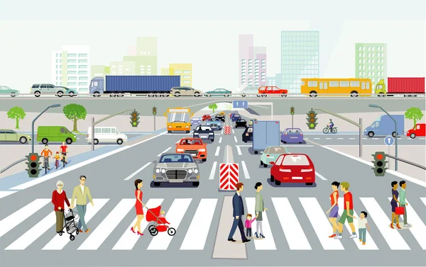 交通量と歩行者のパノラマを持つ大都市の都市のシルエット イラスト — ストック写真
