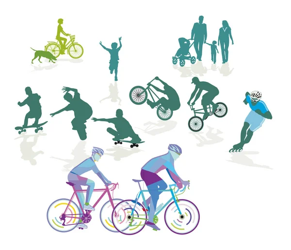 Skridskoåkare Och Rullskridskoåkare Road Bike Sport Illustration — Stock vektor