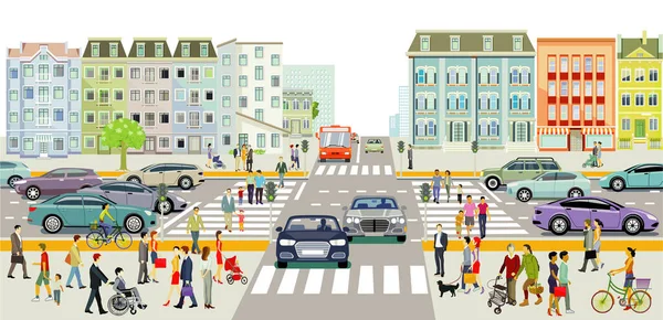 Stadtsilhouette Einer Großstadt Mit Verkehr Und Fußgängern Illustration — Stockfoto