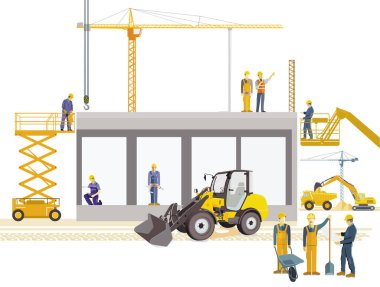 Construction site with architects, construction machines and heavy trucks, illustration