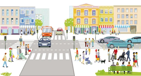 Stadtsilhouette Mit Menschen Auf Dem Zebrastreifen Menschen Wohngebieten Illustration — Stockvektor