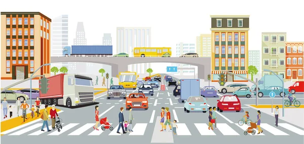Urban Silhouette Big City Traffic Pedestrians Panorama Illustration — Stock Vector