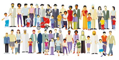 Topluluktaki geniş bir aile grubu beyaz arka planda izole edilmiş. resimleme