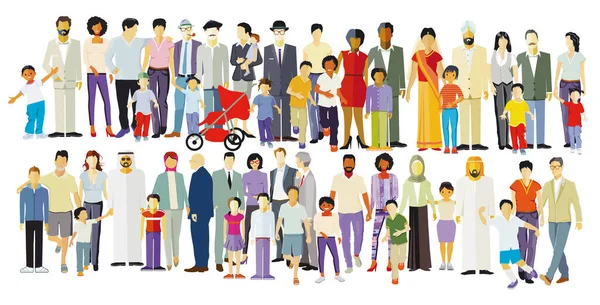 Große Familiengruppe Gemeinschaft Isoliert Auf Weißem Hintergrund Illustration — Stockvektor