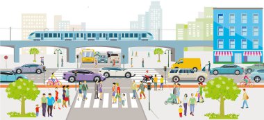 Trafik, yayalar, panorama ve resimlerle dolu büyük bir şehrin şehir silueti.