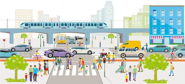 Stadtsilhouette Einer Großstadt Mit Verkehr Und Fußgängern Panorama Illustration — Stockvektor
