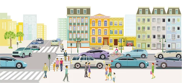 Stadtsilhouette Einer Stadt Mit Verkehr Und Fußgängern Illustration — Stockvektor