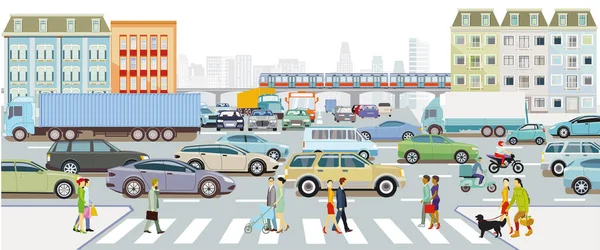 Stadsiluett Stad Med Trafik Och Fotgängare Illustration — Stock vektor