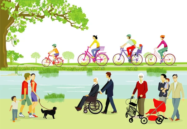 子供や家族とのサイクリング イラスト — ストックベクタ