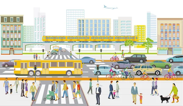 Wegverkeer Met Voetgangers Fietsers Wegverkeer Lijnbus Openbaar Vervoer Illustratie — Stockvector