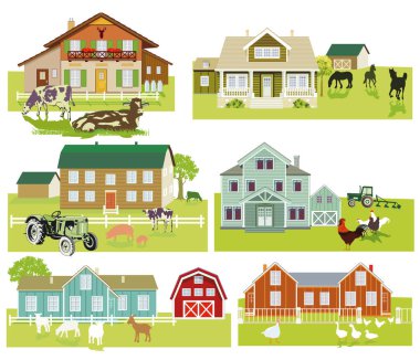 Farmhouses with cattle and tractors, illustration clipart