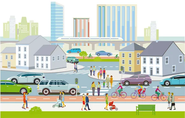 Tráfico Por Carretera Con Peatones Ciclistas Tráfico Por Carretera Ilustración — Archivo Imágenes Vectoriales