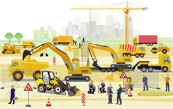 Byggarbetsplats Med Grävmaskiner Anläggningsmaskiner Och Tunga Lastbilar Illustration — Stockfoto