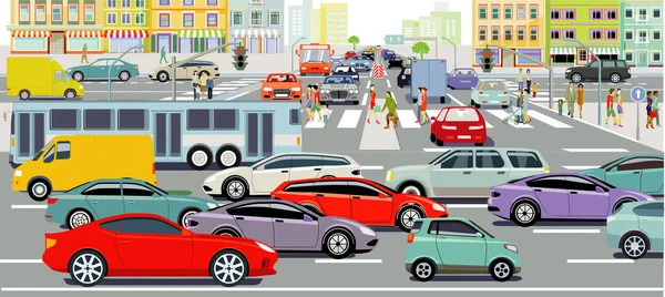 Silhueta Urbana Uma Cidade Com Trânsito Pedestres Ilustração — Fotografia de Stock