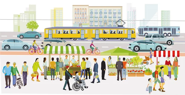 每周市场的购物街 城市生活 — 图库矢量图片