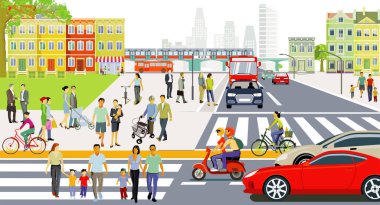 Trafik ve yayaların olduğu şehir silueti, illüstrasyon