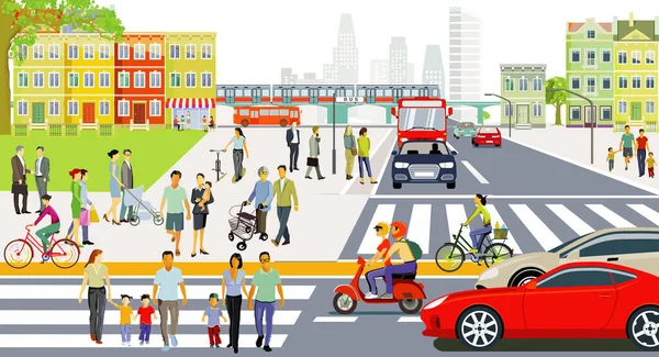 交通や歩行者のいる街の都市のシルエット イラスト — ストック写真
