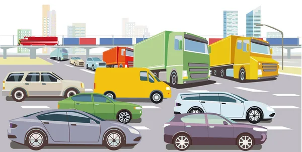 Voiture Camion Sur Carrefour Routier Dans Illustration Embouteillage — Image vectorielle
