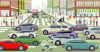 Trafik ve yayaların olduğu büyük bir şehrin şehir silueti, illüstrasyon