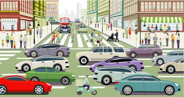 Silueta Urbana Una Gran Ciudad Con Tráfico Peatones Ilustración — Foto de Stock