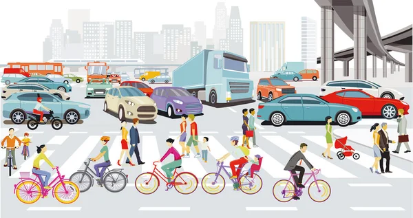 一个有交通和行人的大城市的城市轮廓 — 图库矢量图片