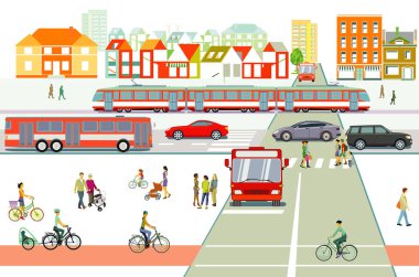Trafik, tramvay, otobüs, insanlar, panorama, resimleme