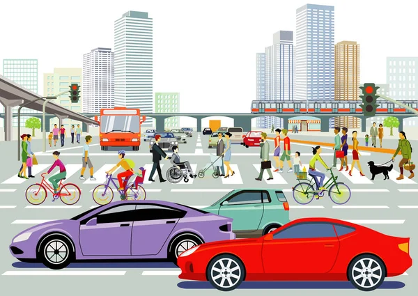 交通や歩行者 パノラマ イラストを持つ大都市の都市のシルエット — ストック写真