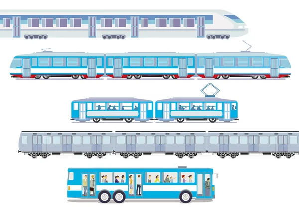 Zestaw Pociągów Pasażerskich Tramwajów Pociągów Dużych Prędkości Pociągów Metra Ilustracja — Wektor stockowy