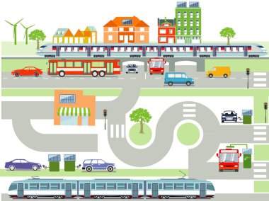 Trafik ve evler ile şehir genel görünümü, bilgi illüstrasyonu