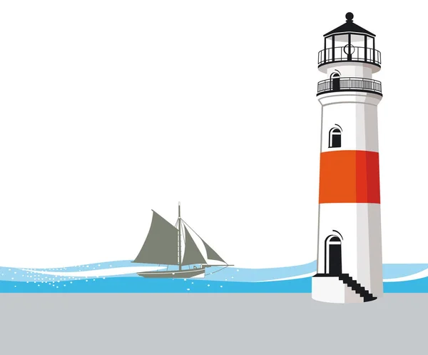 Illustration Leuchtturm Und Segelschiff — Stockvektor