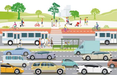 Yolcular ve trafik illüstrasyonlarıyla dolu otobüs durağı