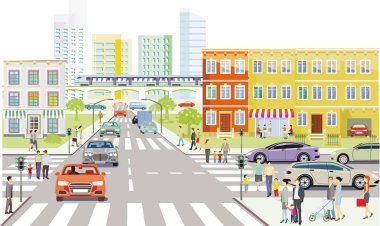 Trafiği ve yayaları olan büyük bir şehrin genel görünümü, illüstrasyon