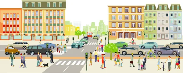 交通と歩行者 パノラマ イラストを持つ大都市の都市のシルエット — ストック写真