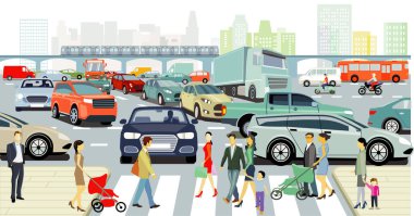 Trafik sıkışıklığı ve yayaların olduğu şehir silueti, illüstrasyon