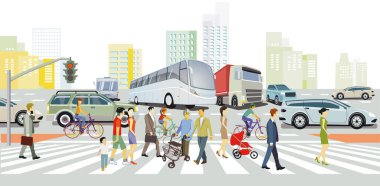 Trafiği ve insanları olan şehir silueti, illüstrasyon