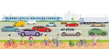 Bisikletli ve ekspres trenli yol trafiği, illüstrasyon