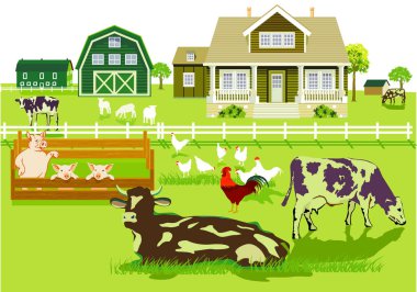 Çiftlik evi olan otlaktaki çiftlik hayvanları, çizimler.