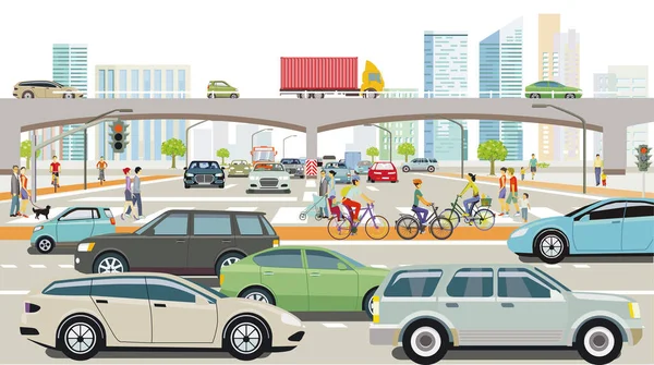 有交通和行人的城市的住宅区轮廓 — 图库矢量图片
