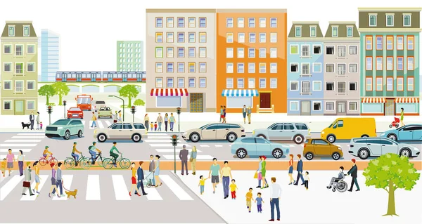 Silhueta Urbana Uma Cidade Com Trânsito Pessoas Ilustração — Vetor de Stock