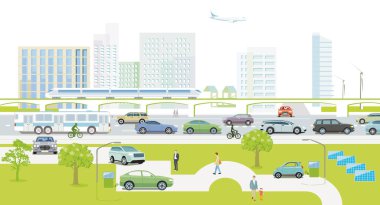 Trafik ve evler, alternatif enerji resimlemesi