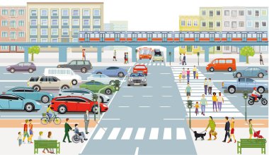 Büyük bir şehrin silueti içinde insanlar, trafik sıkışıklığı, illüstrasyonlar...