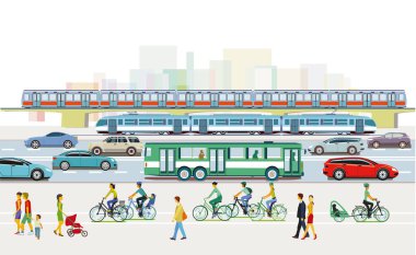 Trafik, yayalar, tren trafiği ve illüstrasyonla dolu bir şehrin silüeti.