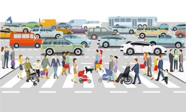 Trafiği ve insanları olan şehir silueti, illüstrasyon