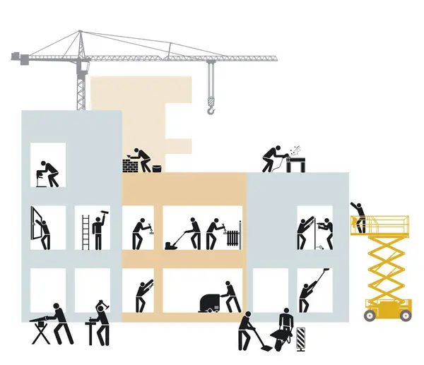 Construção Casa Canteiro Obras Com Trabalhadores Construção Ilustração Pictograma — Vetor de Stock