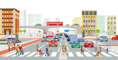 Yayaların ve yaya geçitlerinin olduğu yol trafiği, çizimler