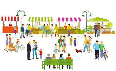Şehir silueti, yerleşim alanındaki boş zamanlarında insan grupları, illüstrasyon