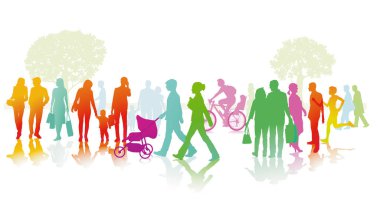 Şehirdeki büyük renkli bir grup insan. resimleme