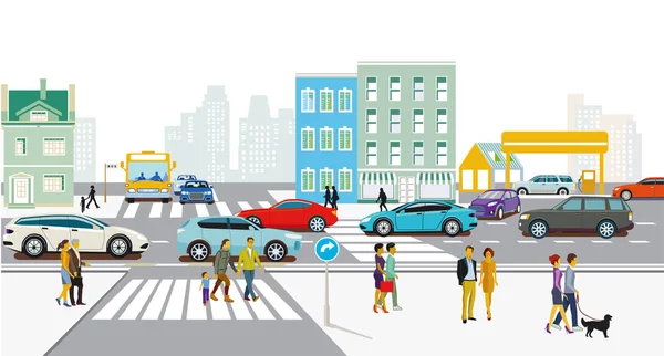 Stadtsilhouette Einer Stadt Mit Verkehr Und Menschen Illustration — Stockvektor