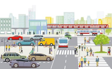 Yol trafiği ve şehir otobüsleri, büyük şehirlerdeki insanlar, illüstrasyonlar.