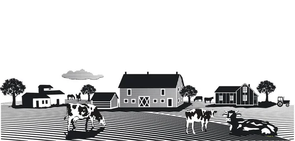 Vacas Pastos Con Granja Blanco Negro Sobre Fondo Blanco Ilustración — Vector de stock